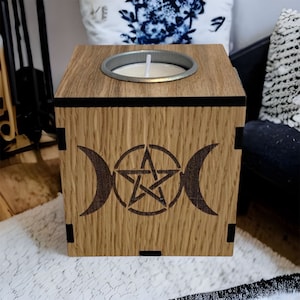 Dreifacher Mond Pentagramm, Kerzenhalter aus Holz, Teelichthalter, verdreifachen Mond Design, Alter Candle, Hexenzauber Kerze, Kerzenhalter
