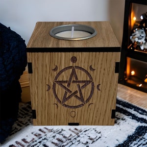 Moon Phase Wiccan Pentacle Symbol, Wooden Candle Holder, Tealight Holder, Alter Candle, Runic Candle Holder, Witchy Gift