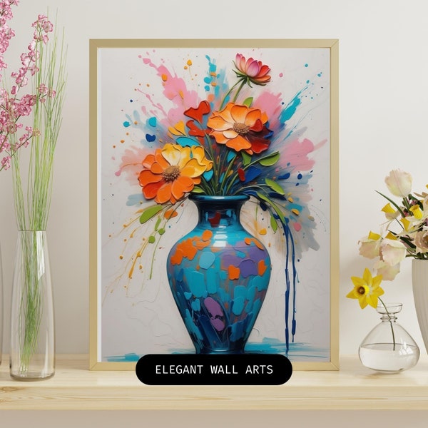 Art painting containing magnificent wildflowers placed in a colored vase, wall art decor, Abstract Modern Art, Digital Artwork.