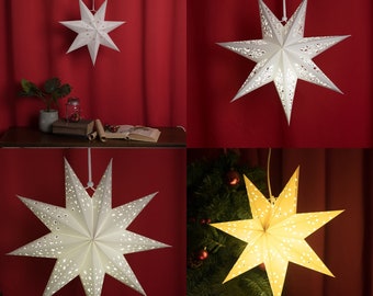 Quatre styles de lanternes étoiles en papier de 43,2 cm, lumières blanches suspendues, décoration de Noël, cordon d'alimentation non inclus.