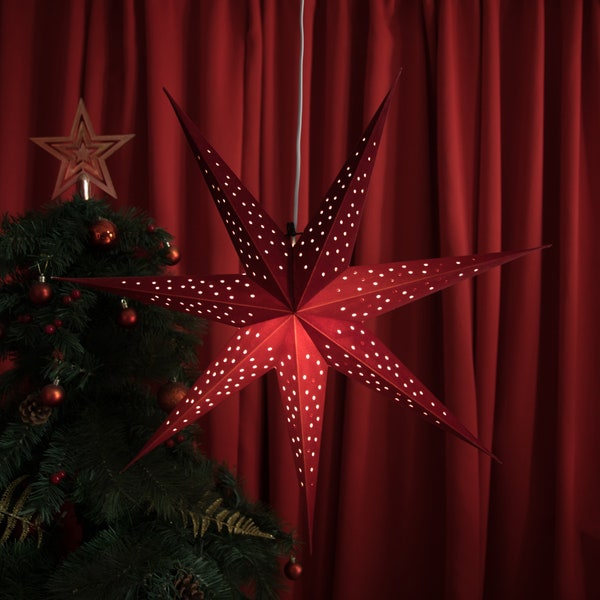 Lanterne a stella rosse floccate, grandi luci a stella sospese, lanterna pendente a 7 punte, decorazioni per feste