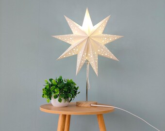 Weie Papierstern Tischlampe VIN023  Cut-Out Design mit Holzfu - Etsy  sterreich