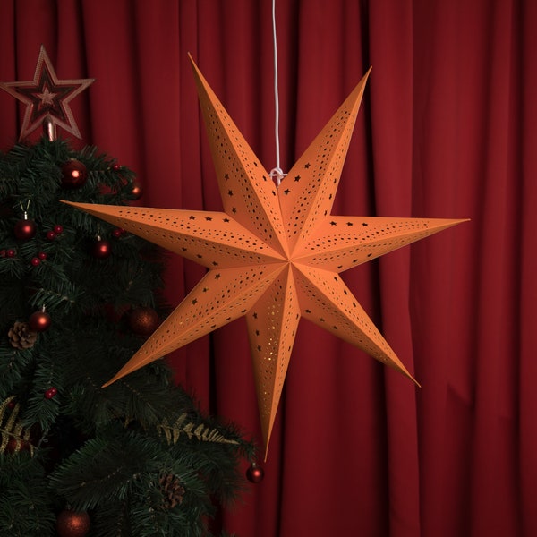 29" Orange Star Lanterns, Flocked Paper Star Lights ,7-pointed Hanging Star Lantern