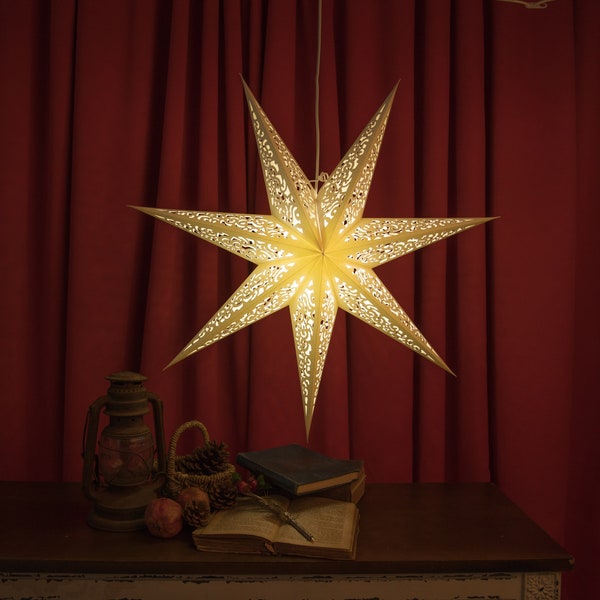 White Hanging Paper Star Lantern 29inch and 17inch, 7-pointed Craved Star Lampshade, Paper Star Lights