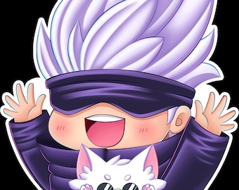 May include: A cartoon illustration of a character with spiky white hair, a black blindfold, and a purple jacket, smiling with open arms. A white cat with sunglasses and paw prints is in front of the character.