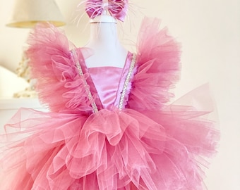 Birthday Tulle Dress with Feather on the Sleeves / Flower Girl Tulle Dress / Toddler Ball Gown / Birthday Girl Apparel / Baby Feather Gown