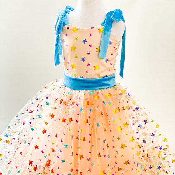 Colorful Star Girl Dress, French Retro Dress, Toddler Tutu Dress, Bohemian Girl Dress, Birthday Party Dress,  Rainbow Colorful Tulle Dress