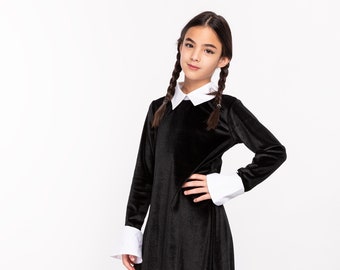 NINGESHOP Disfraz Halloween Para Niña – Set De 8 Piezas Con Vestido Negro, Peluca Y Accesorios De Joyería, Estilo Miércoles Addams, Tallas 120-140 Cm