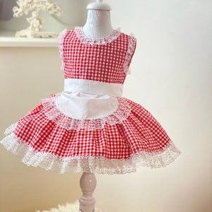 May include: A red and white gingham dress with a white lace trim and a white sash. The dress is on a white mannequin.