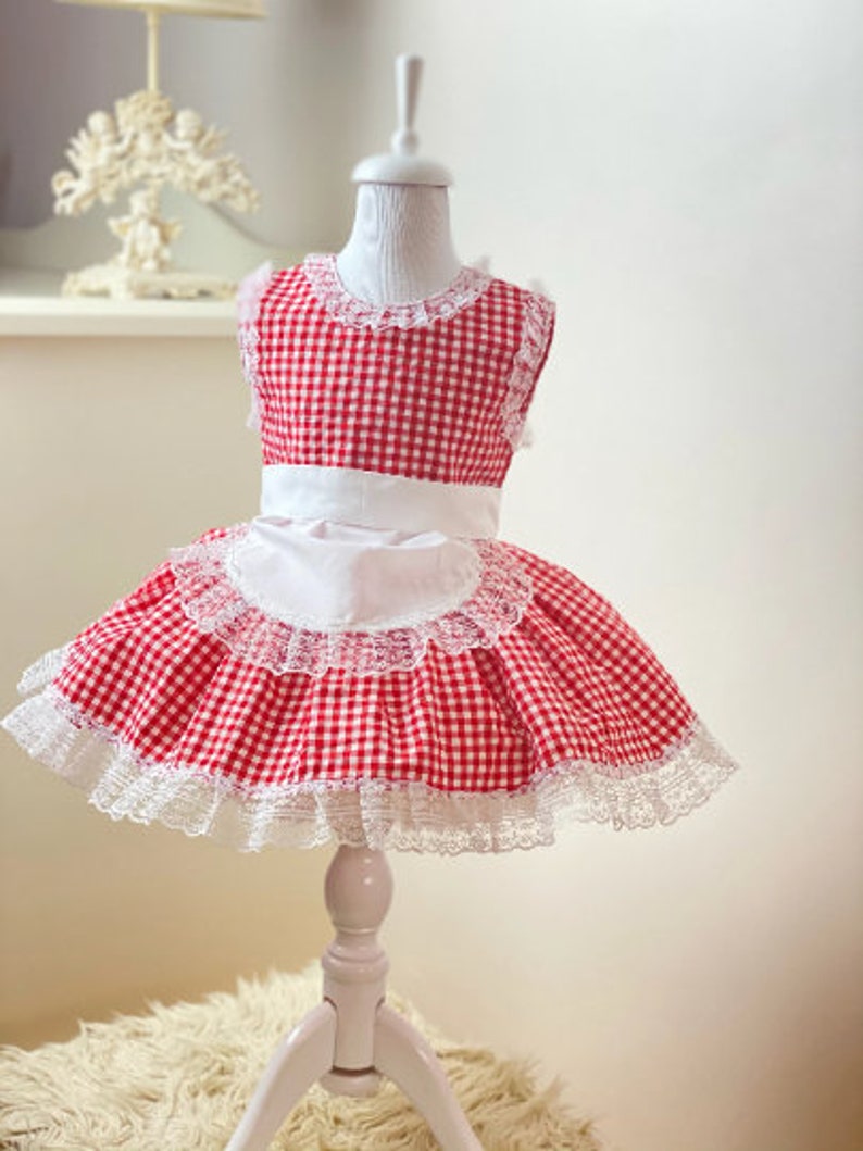 May include: A red and white gingham dress with a white lace trim and a white sash. The dress is on a white mannequin.