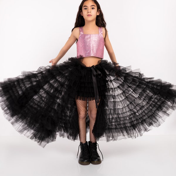 Surjupe multicouche amovible pour fille, jupe en tulle pour séance photo, longue jupe en tulle traine, tutu ouvert sur le devant, jupe bouffante amovible anniversaire