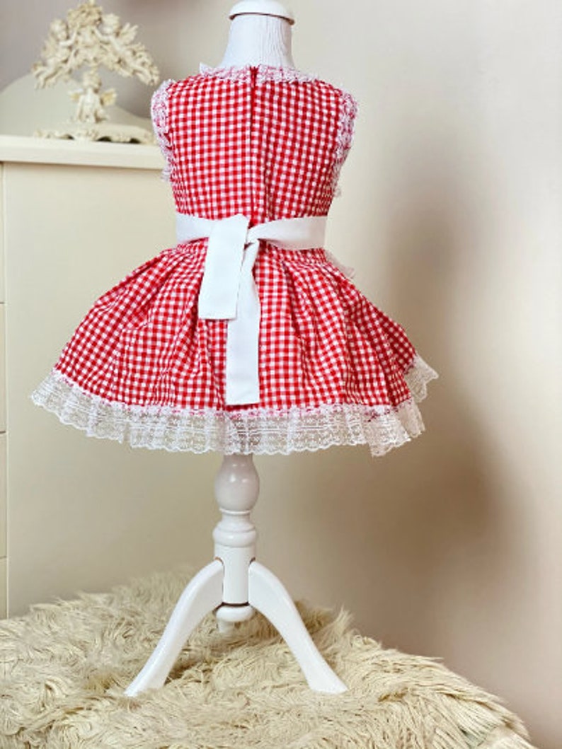 May include: Red and white gingham dress with a white lace trim and a white sash. The dress is on a white dress form.