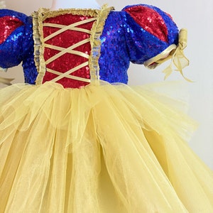 May include: A blue and red sequined dress with a yellow tulle skirt and a red bodice with a criss-cross ribbon detail. The dress has puffed sleeves with a red and white trim.