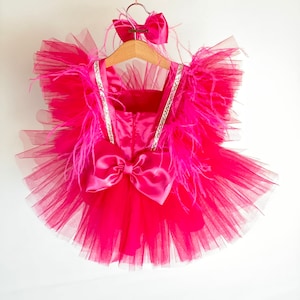 Hot Pink Girl Dress, Girl Birthday Dress, Pink Toddler Dress, Tutu Dress, Dress with feather Party Gown, First Baby Dress, Photoshoot