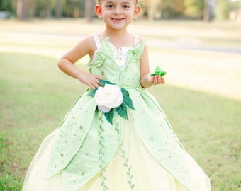 Tiana Inspired Girl Dress, Princess Girls Birthday Dress, Princess Dress Handmade with Rhinestones,  Disney Inspired Toddler Girl Dress