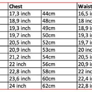 May include: Size chart for children's clothing with measurements in inches and centimeters. The chart shows chest and waist measurements for sizes 3-6 months to 7T.