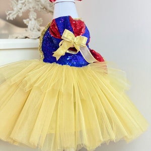 May include: A yellow tulle tutu with a blue and red sequined bodice and a yellow bow. The bodice has a white trim and a red bow on top.