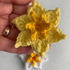 May include: Close-up of two handmade crochet daffodil flowers. The top flower is held in a hand and is yellow with a bright yellow center. The second flower is white with a yellow center. The flowers are made of yarn.