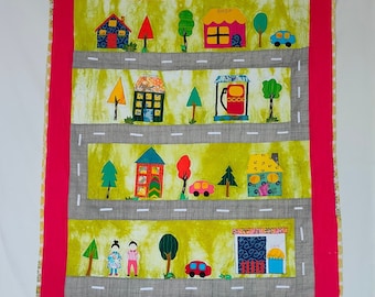 PDF-patroon. Quiltpaneelpatroon. Leuke quilt voor kinderen. Rijd door de stadsquilt. Interactieve quilt voor kinderen. Auto's. Huizen. Speelmat