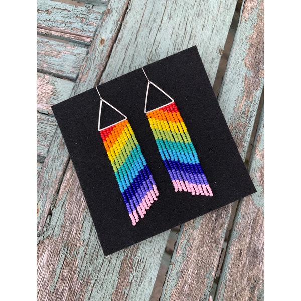 Rainbow Seed Bead Earrings / Dangly Earrings / Fringe Earrings / Pride Earrings / Long Native American Style Earrings