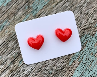 Red Heart Studs / Red Earrings / Heart Earrings / 10mm Stud Earrings