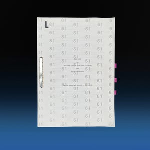 Op de afbeelding: Een wit filmscript voor The Debt, voorzien van een herhalend patroon van het getal 61 in lichtgrijs. De omslag bevat de tekst Matthew Vaughn and Jane Goldman and Peter Straughan, met een metalen klem en roze tabbladen aan de zijkant.