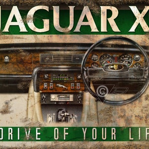 Jaguar en Daimler XJ Series 3 &#39;roestig&#39; metalen dashboard met airbrush-illustratiebord - De rit van je leven!