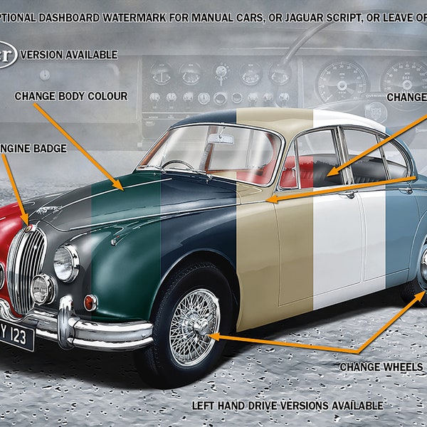 Jaguar MK2 range fully customisable airbrush art print, including Daimler versions. Stunning range of options