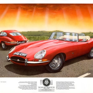 May include: Two red Jaguar E-Type sports cars, one a coupe and the other a convertible, are parked on a road with a sunset in the background. The convertible has the license plate "848 CRY".