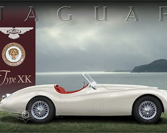 Fabulous Jaguar XK120 poster available in 6 colours plus sepia – oozes nostalgia