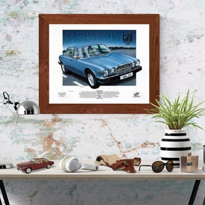 May include: A framed print of a blue Jaguar XJ6 car with the text "JAGUAR XJ6" and "XJB 25" on the car. The print is on a white background and has a brown wooden frame.