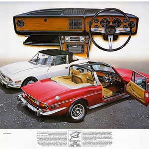 May include: A vintage illustration of two Triumph Stag cars, one white and one red, with the interior of the red car visible. The illustration is set against a gray background and includes a close-up of the car's dashboard and steering wheel. The text "Triumph Stag 25th Anniversary 1970-1995" is included in the image.