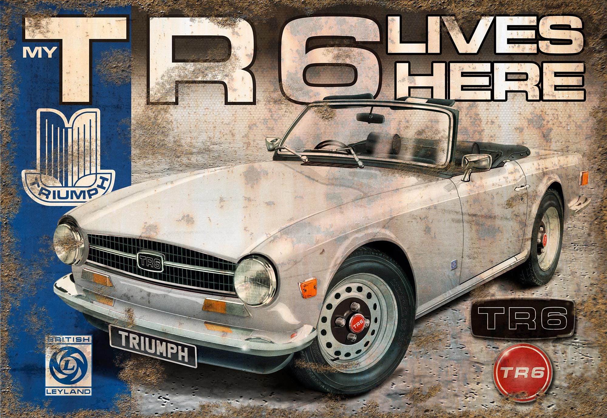 Bespoke Triumph TR6 'rusty' Airbrush Art Metal Signs in 10 Colours
