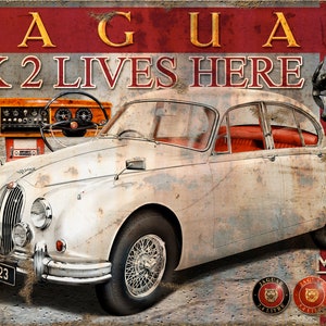 May include: A vintage white Jaguar MK 2 car with a red interior. The car has a license plate that reads "ANY 123". The image is a vintage-style metal sign with the text "MY JAGUAR MK 2 LIVES HERE".