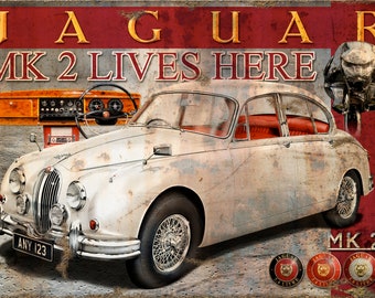 Jaguar MK2 'Rusty' garage metal wall sign – use it inside or out. Rust has never looked so good.