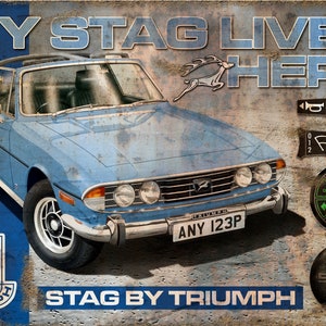 May include: A vintage blue Triumph Stag car with a white license plate that reads "ANY 123P". The car is on a rusty metal background with the text "MY STAG LIVES HERE" and "STAG BY TRIUMPH".