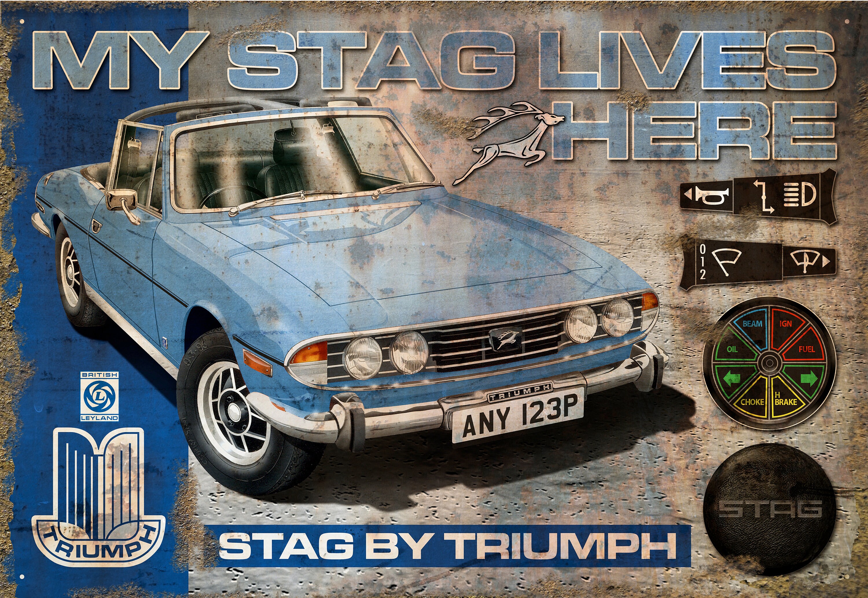 NEW! Triumph Stag 'rusty' garage wall sign. 12 colours, choose your registration number, in 2 great designs.