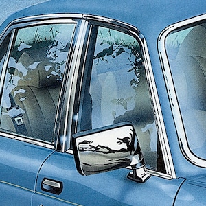 May include: A blue car with a chrome side mirror and a chrome window trim. The car has a light blue interior and the windows are tinted.