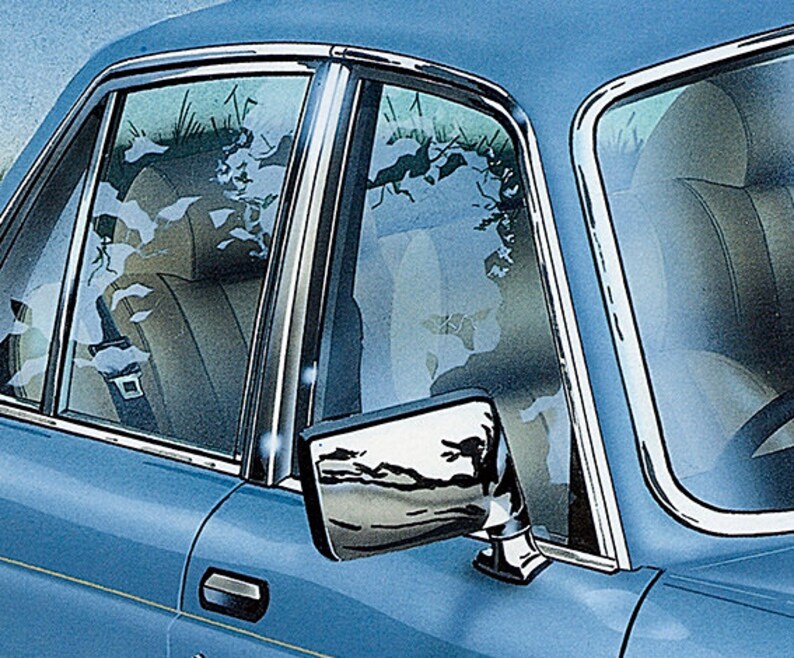 May include: A blue car with a chrome side mirror and a chrome window trim. The car has a light blue interior and the windows are tinted.