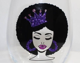 15 oz stemless wine glass afro queen