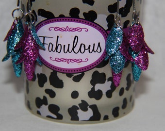 Turquoise & Hot Pink Glitter Hanging Flower Earrings