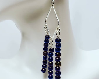 Purple glass bead tri drop earrings