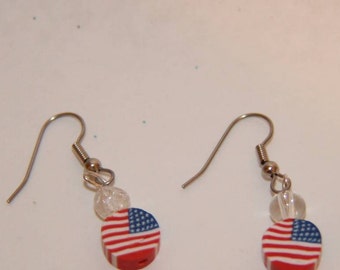 US Flag earrings with 10mm crackle clear glass bead