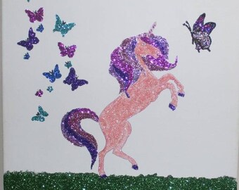 Unicorn and butterflies 16"x19" glitter painting wall art kids room décor