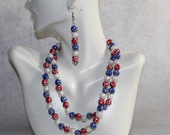 Red, white and blue necklace and drop earrings set with small silver stars