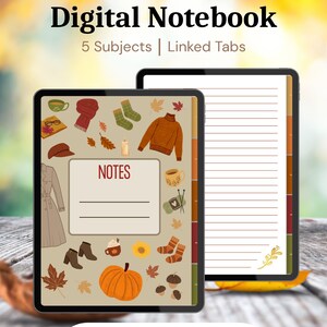 Cuaderno digital con temática otoñal, 5 hojas rayadas, pestañas vinculadas, compatible con Goodnotes, descarga en PDF.