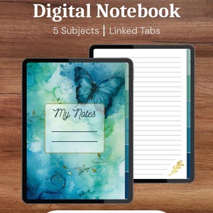 May include: A digital notebook with 5 subjects and linked tabs, featuring a watercolor butterfly cover with the text My Notes and a lined interior page. The top text reads Lemon Envelope Digital Notebook 5 Subjects | Linked Tabs and Download Now.