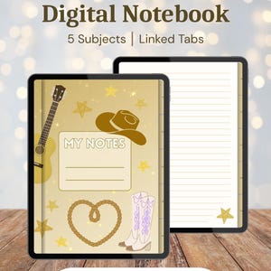 May include: A digital notebook with 5 subjects and linked tabs, featuring a cover with a guitar, cowboy hat, heart-shaped rope, and boots. The text reads Lemon Envelope, Digital Notebook, 5 Subjects, Linked Tabs, My Notes, and Download Now.