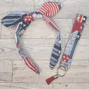 Red White and Blue American Flag Patchwork Headband & Keychain