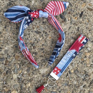 Red White and Blue American Flag Patchwork Headband & Keychain